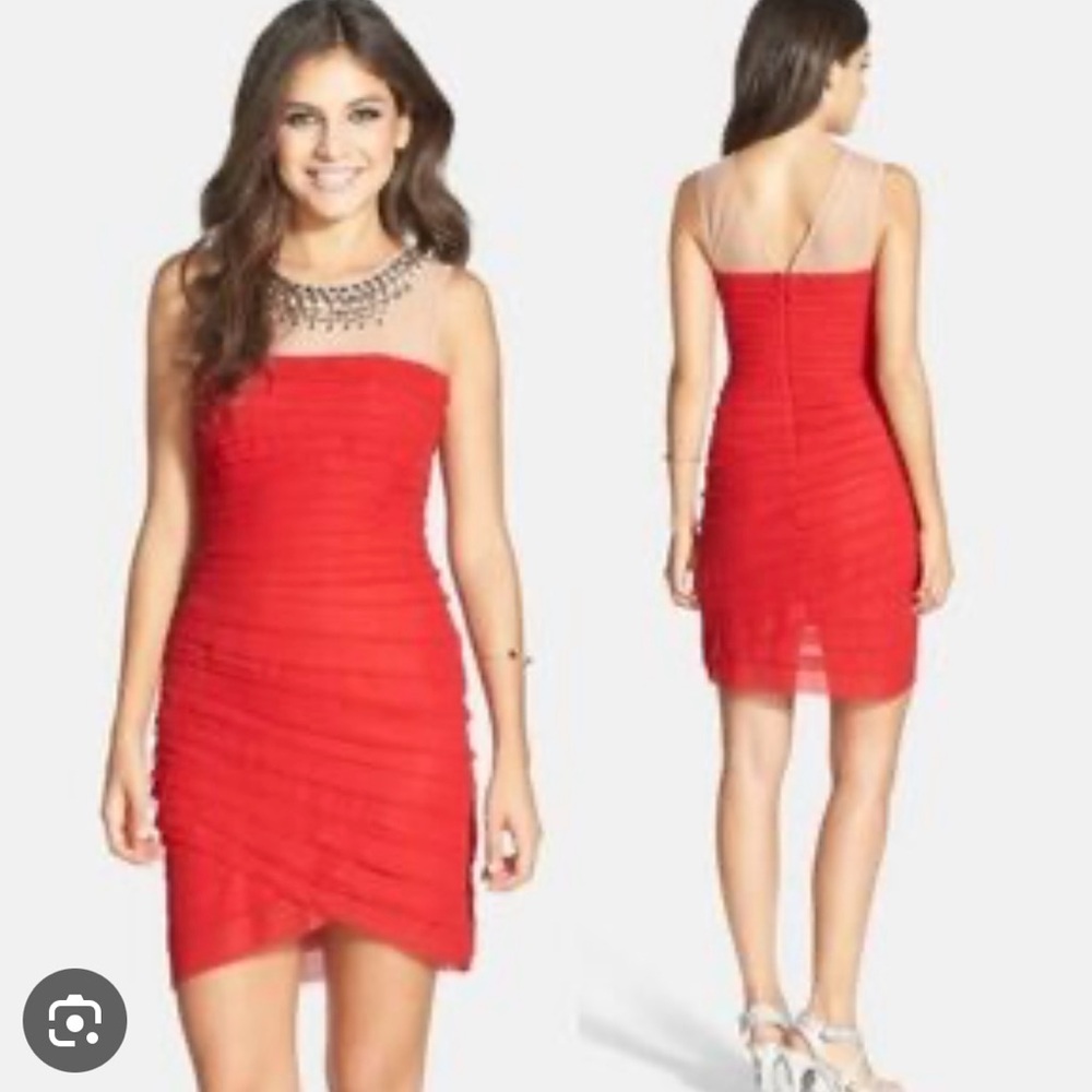 Red BCBG Maxazria Dress with mesh beaded neckline NWT
